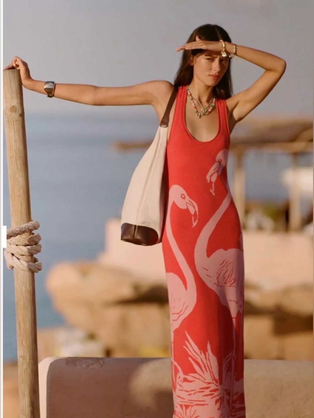 Anthropologie celandine artwork by Daniella Coral Pink Flamingo Maxi knit dress